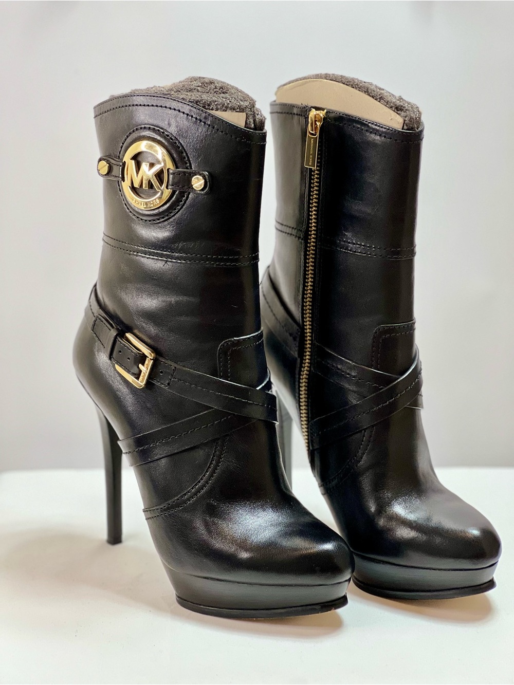 Michael Kors Black Leather Platform Stiletto Ankle Boots with Gold Hardware